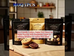 Ekoloji dostu Özel Dijital Baskı Stand-Up Mylar Cüzdanları Yeniden Kilitlenebilir Fermuar ve Baharatlar ve Tohumlar için Görünüm Penceresi