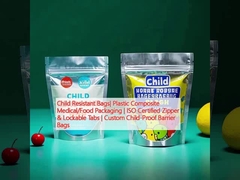 Çocuklara karşı koruyucu çantalar plastik bileşik tıbbi / gıda ambalajı. ISO sertifikalı fermuar ve kilitlenebilir sekmeler.